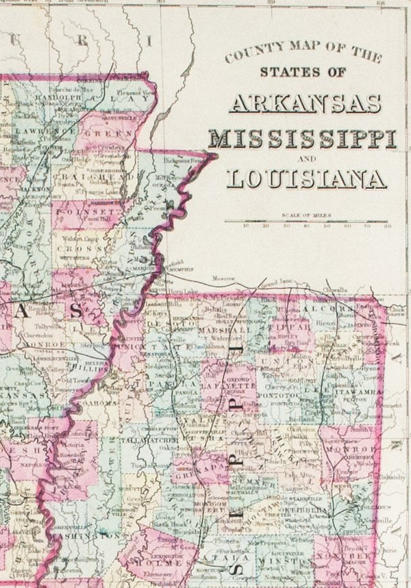1881 County Map of the States of Arkansas, Mississippi and Louisiana - -  Historic Accents