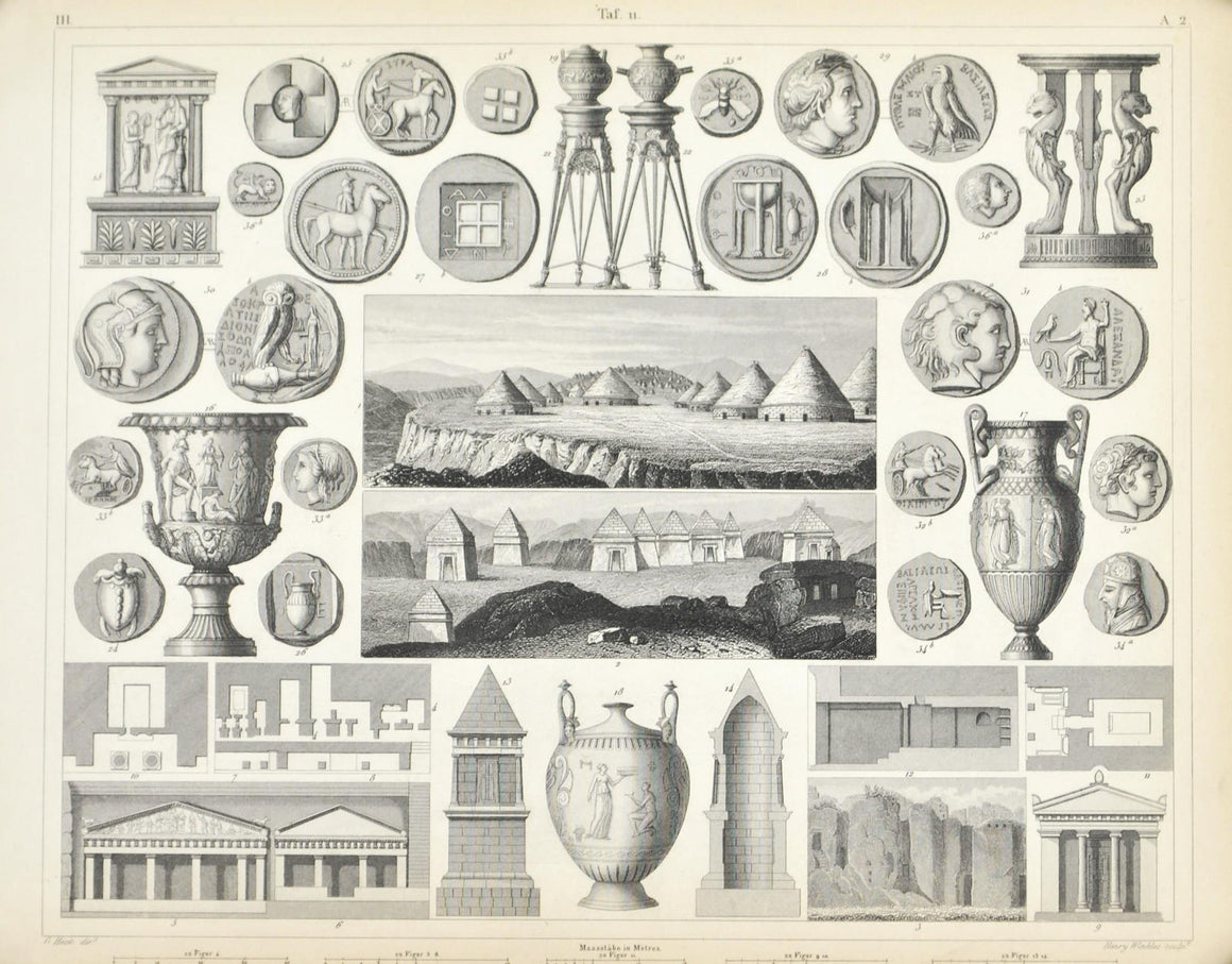 Tombs Tarquinii Assns Telmessus Falerii Greek Coins Antique Print 1857