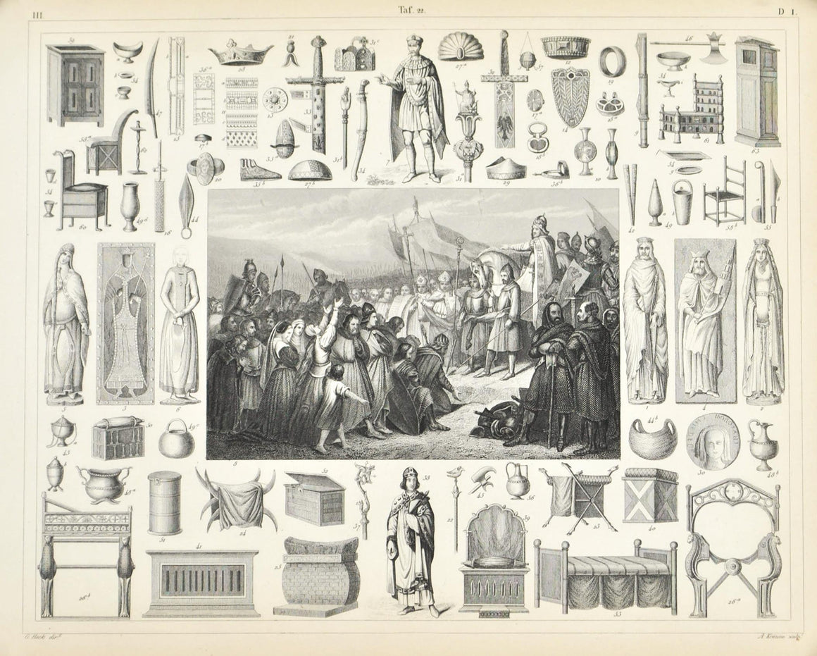 Charlemagne Childebert Frank Arms Utensils Furniture Antique Print 1857