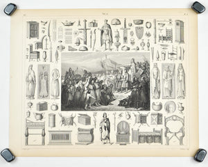 Charlemagne Childebert Frank Arms Utensils Furniture Antique Print 1857