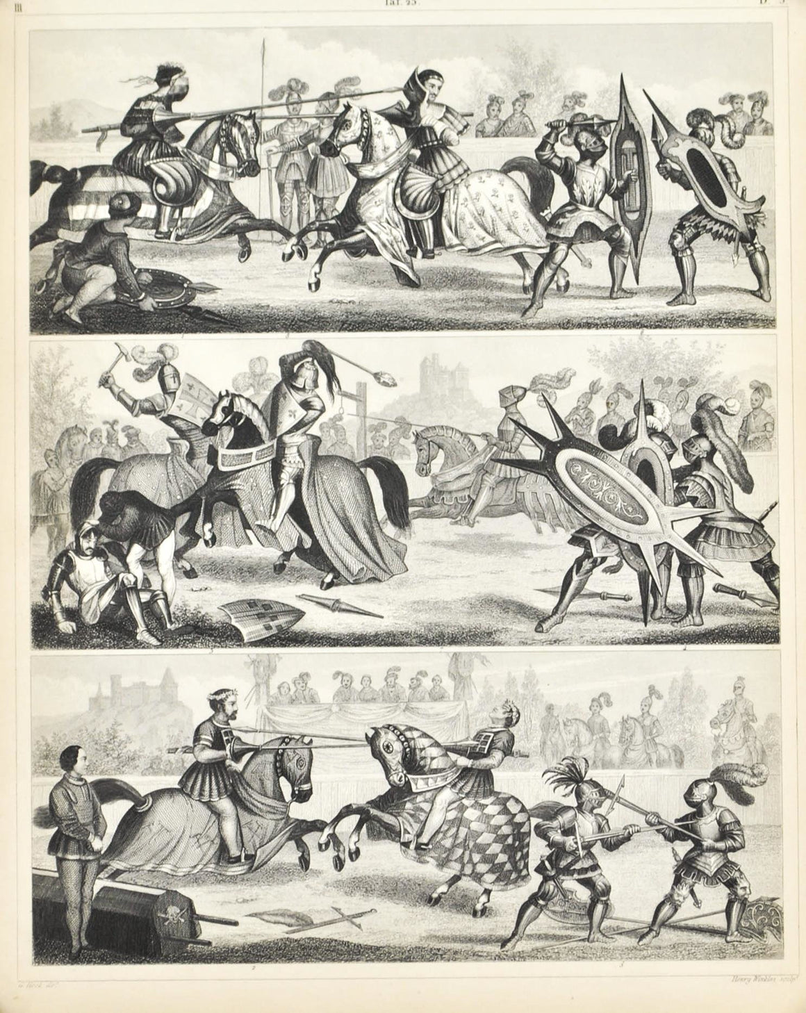 Jousting Knights Maces Shields Antique Print 1857