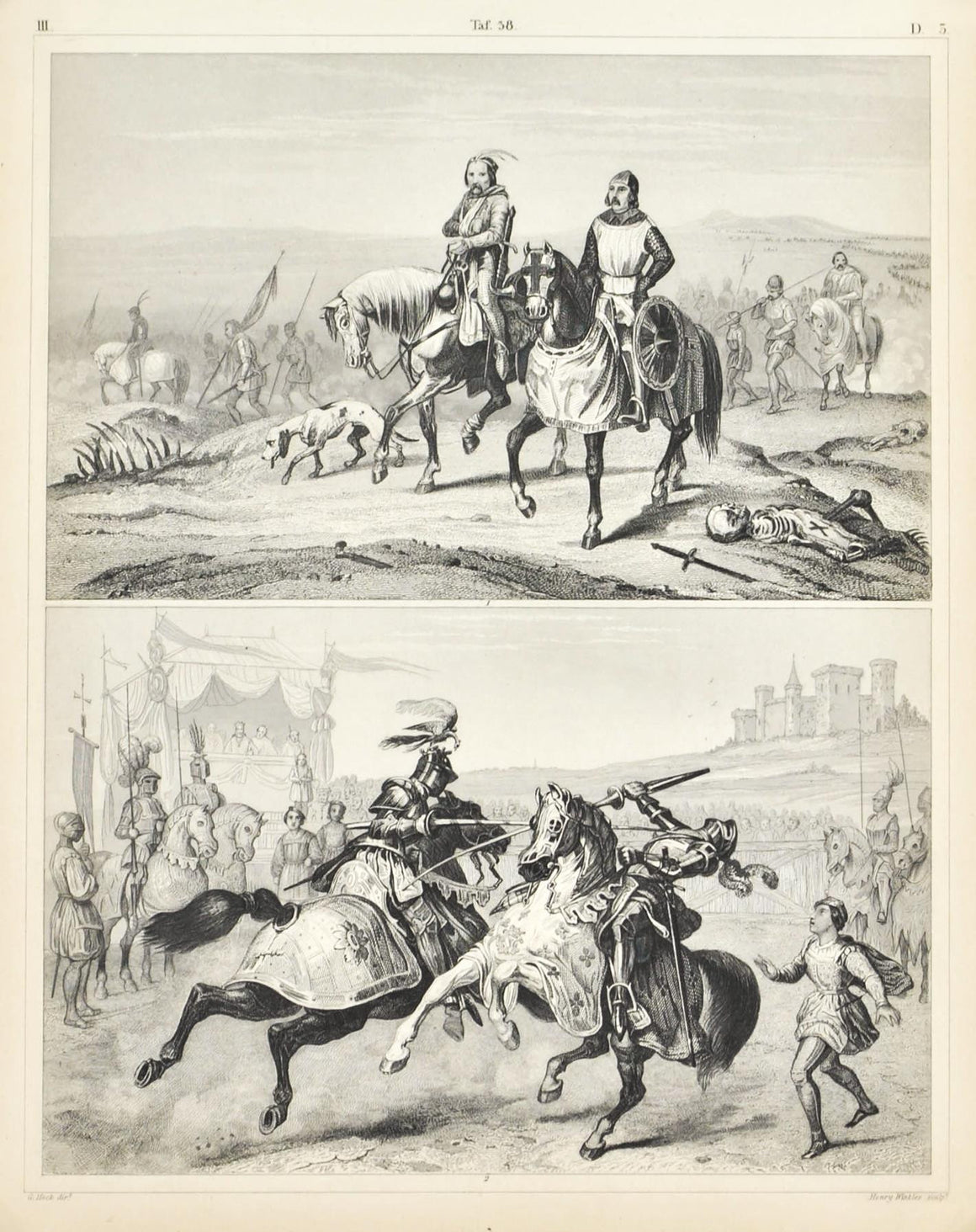 Crusaders Return from Palestine Jousting Tournament Antique Print 1857