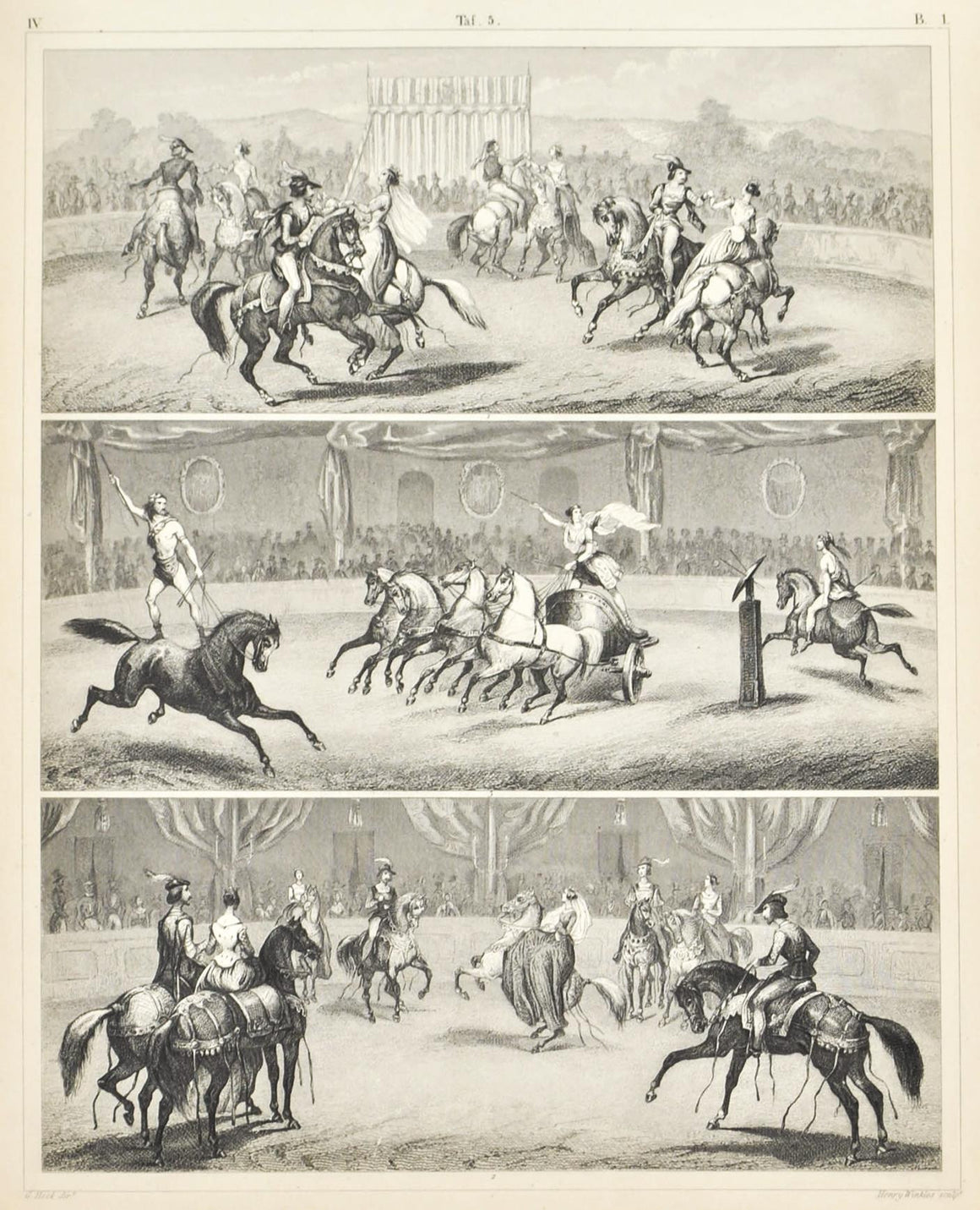 Chariot Horses Equestrian Feats Antique Print 1857