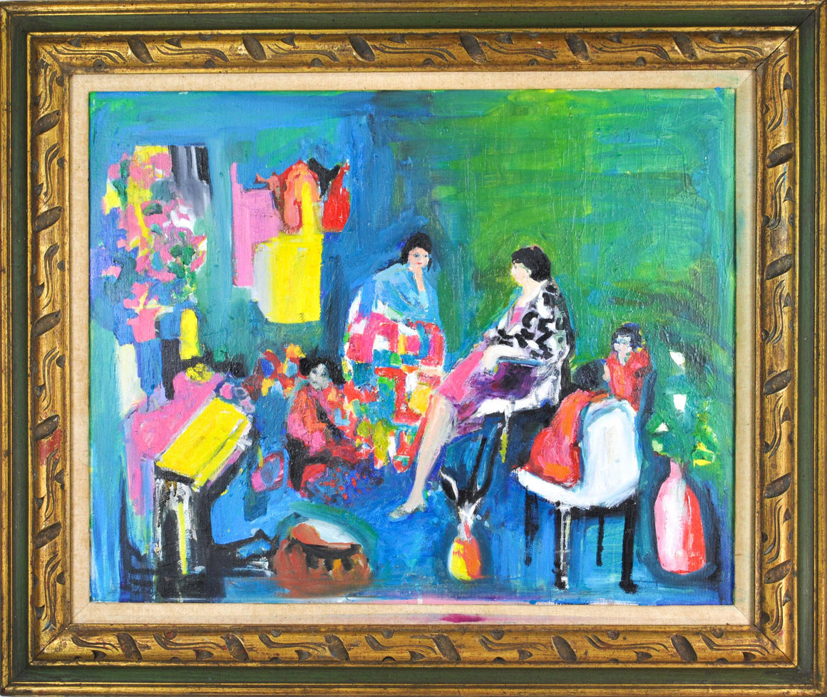 Women Children Family Gathering Oil Canvas Painting Signed Vivian Sadin