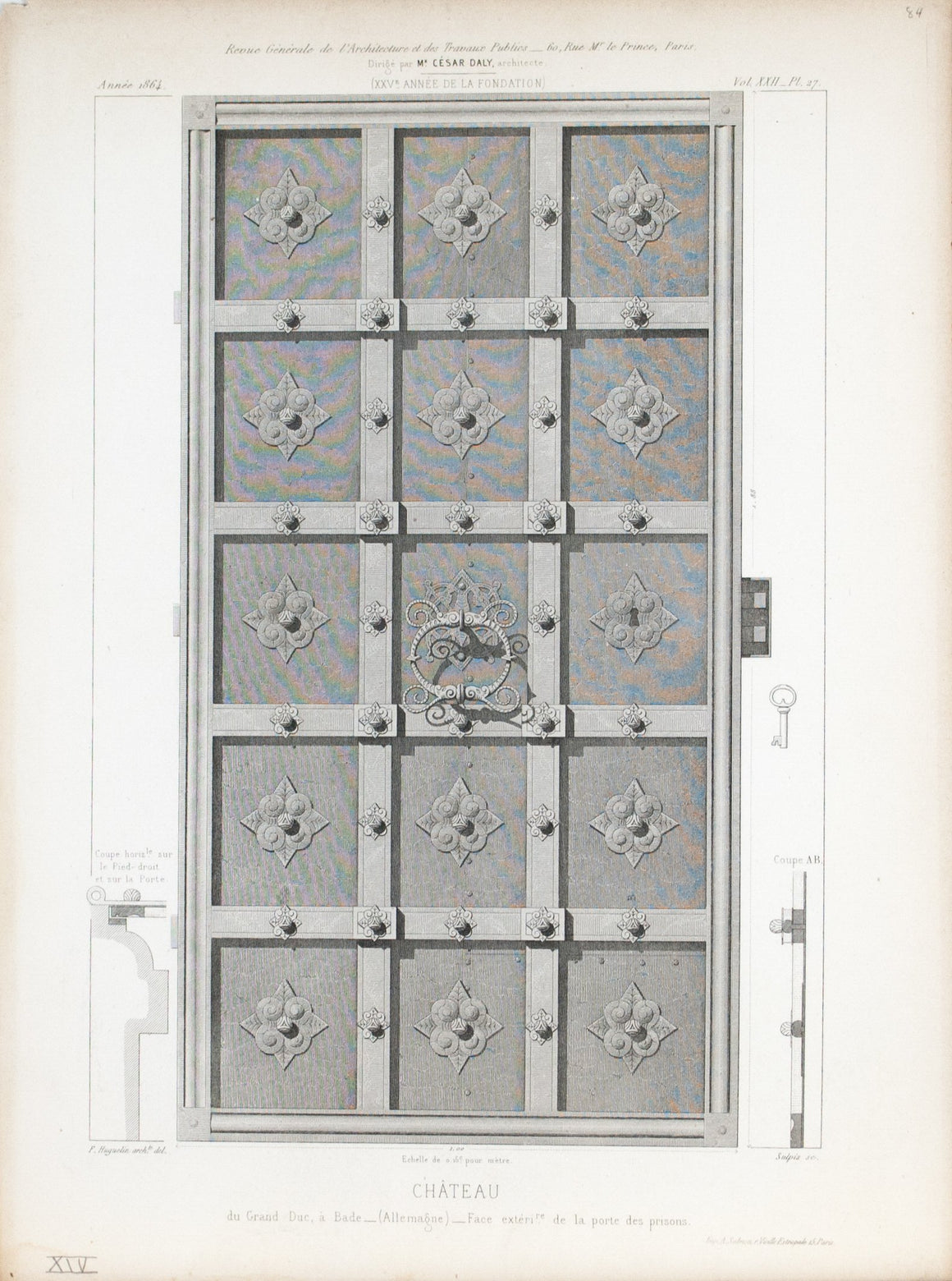 1864 Architecture Antique Print Ornate Ironwork Castle Door Design