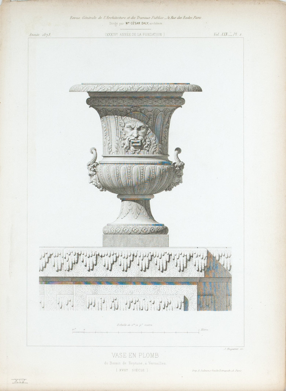 1873 Architecture Antique Print Ornate Vase 17th c. Design (Vase En Plomb)