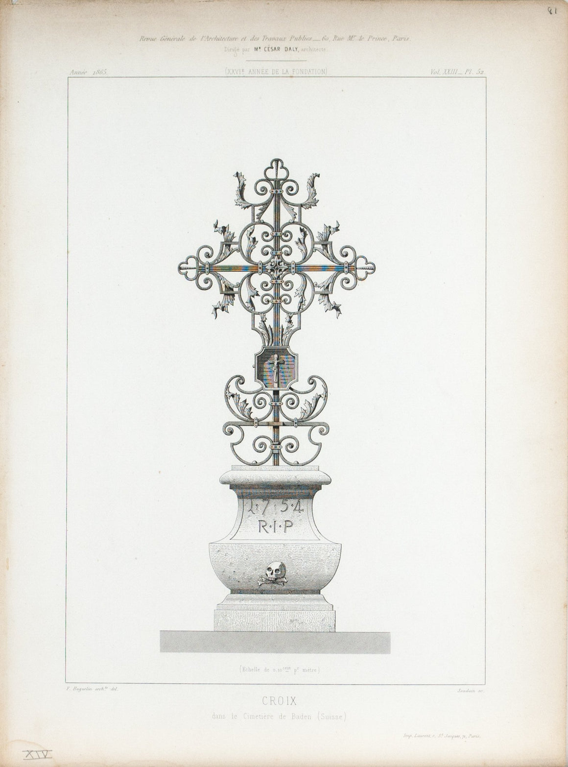 1865 Architecture Antique Print Burial Cross Design R.I.P (Croix)