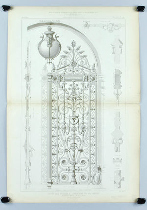 1873 Lg Architecture Antique Print Ornate Arch Door Gate Ironwork Design