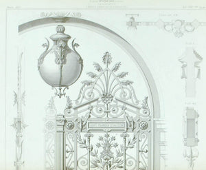1873 Lg Architecture Antique Print Ornate Arch Door Gate Ironwork Design