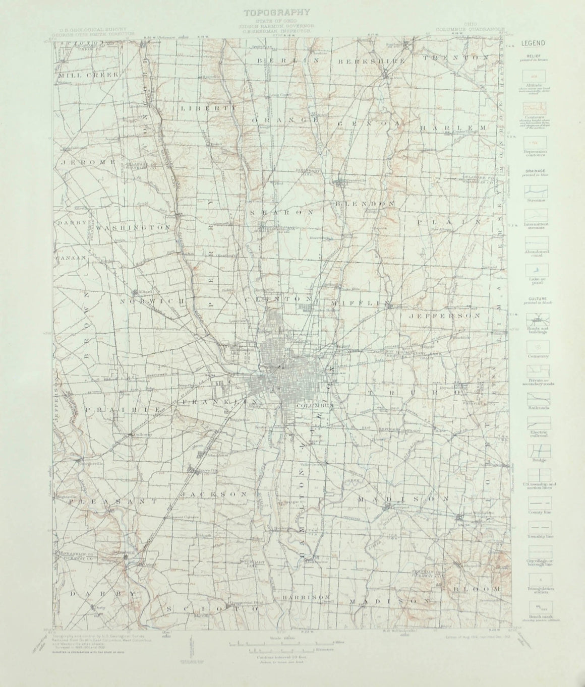 1915 Topography Ohio Columbus Quadrangle - G D Hubbard