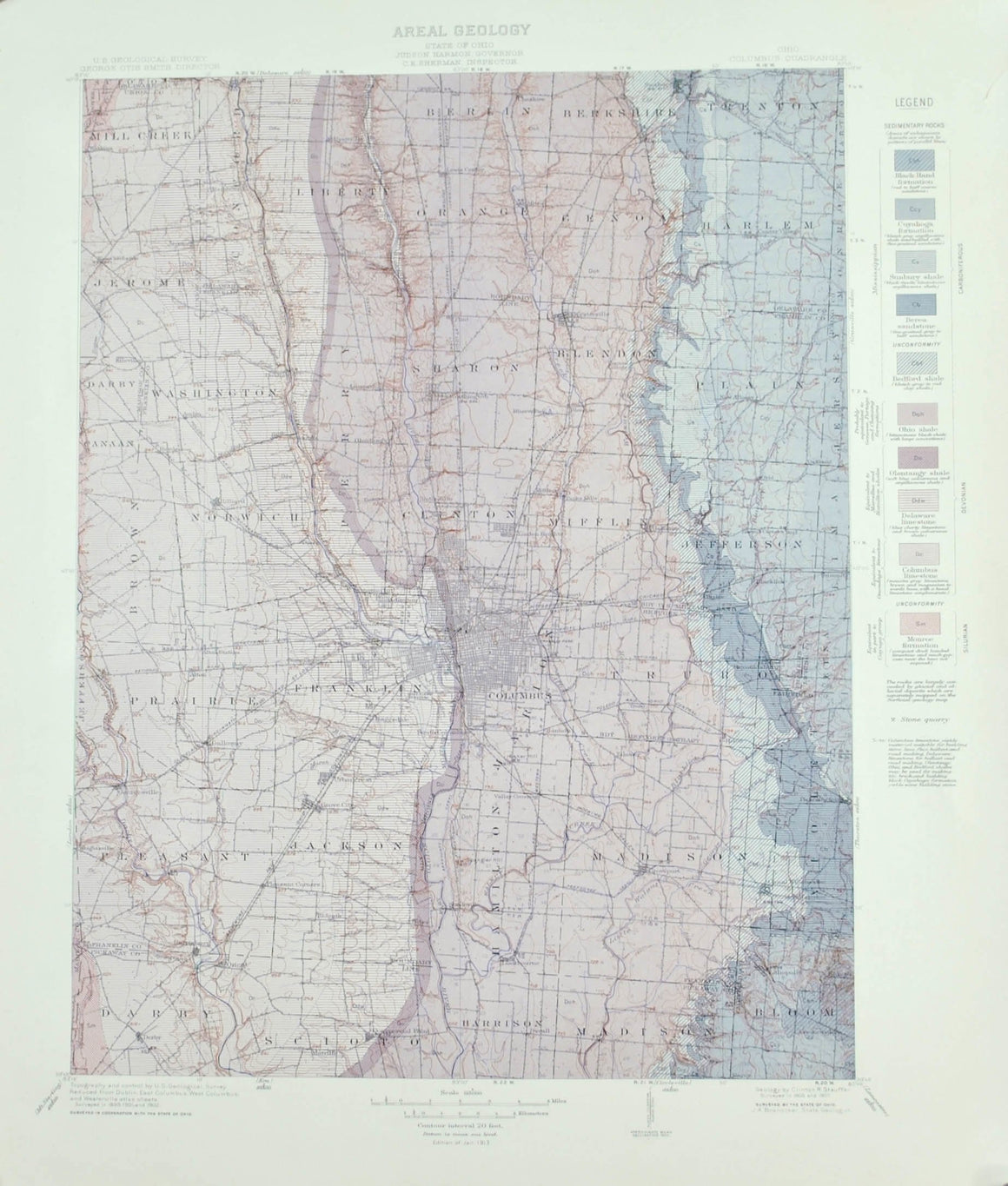 1915 Areal Geology Ohio Columbus Quadrangle - G D Hubbard