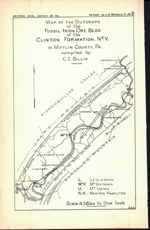 Iron Ore Mifflin Counties Pennsylvania Antique Geology Map 1878