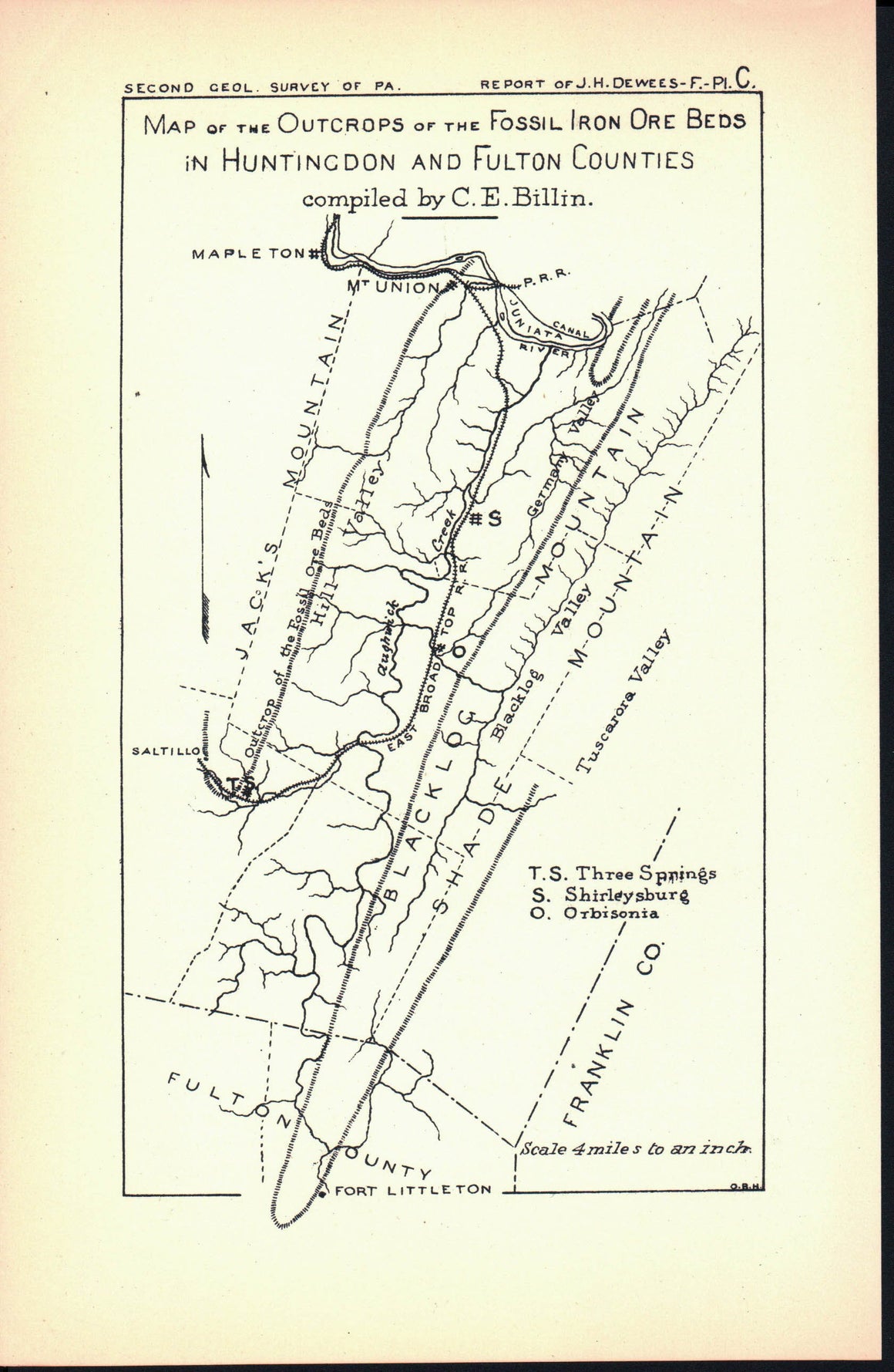 Iron Ore Beds Huntingdon & Fulton Counties Pennsylvania Antique Map 1878