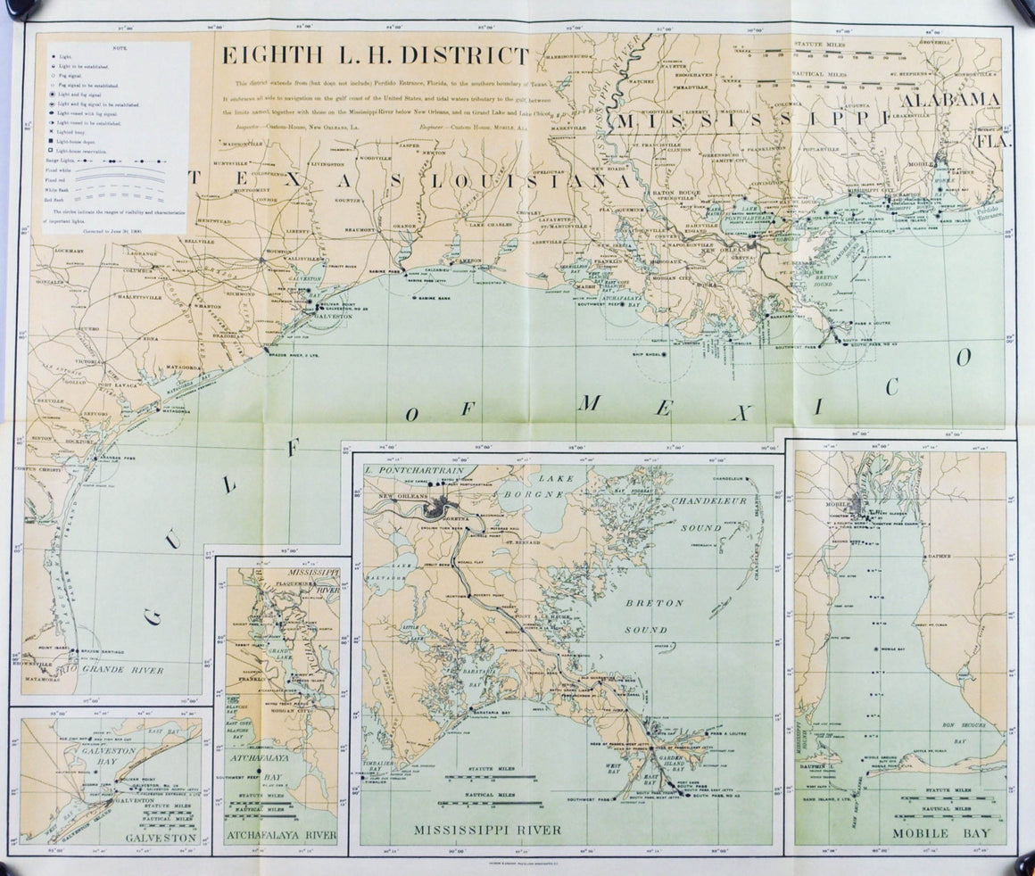 Lighthouse Texas Louisiana Mississippi Antique Map 1900