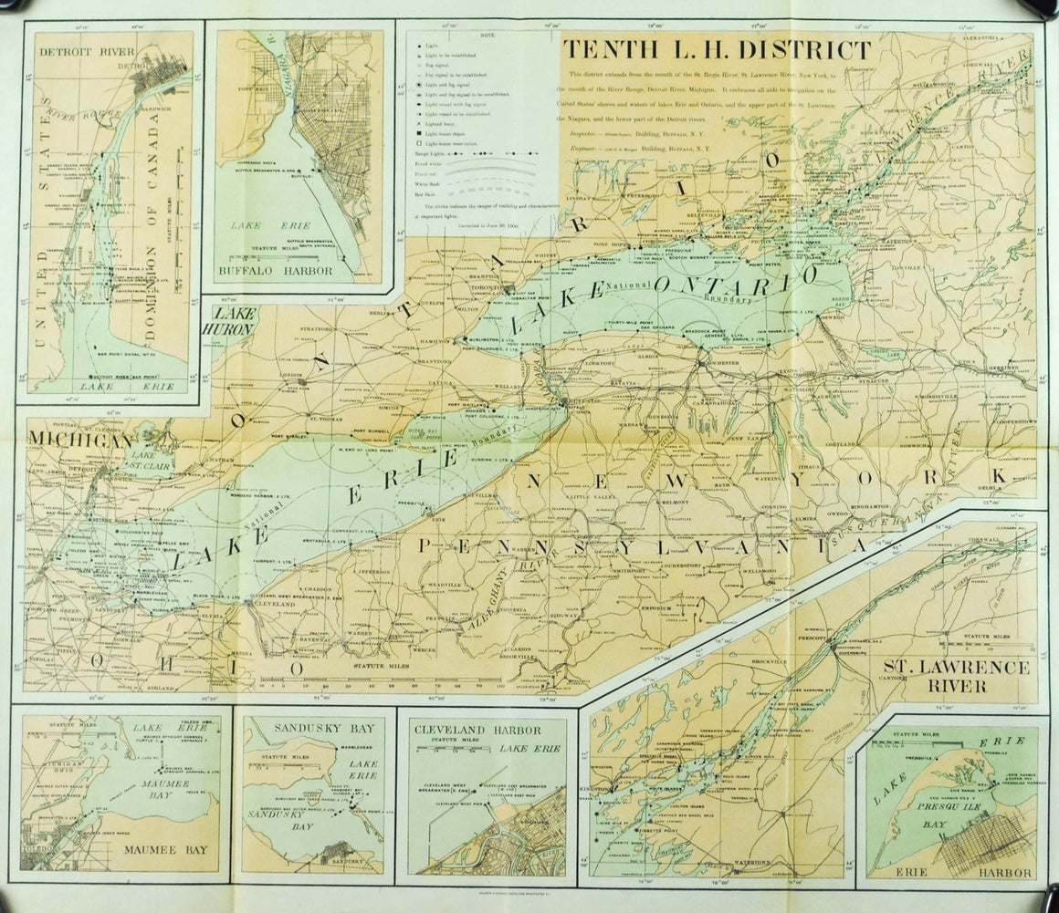 Lighthouse Lake Erie & Ontario Pennsylvania New York Antique Map 1900