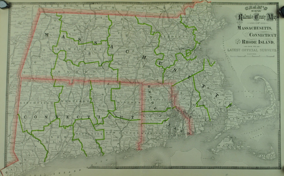 1884 Railroad & County Map of Massachusetts, Connecticut and Rhode Island - Cram