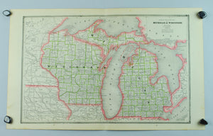 1884 Railroad & County Map of Michigan & Wisconsin - Cram