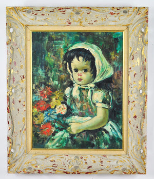 Bollini Little Girl with Flowers Canvas Oil Painting c.1950 Framed 21x25in