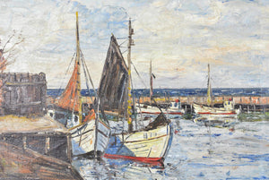 Harbor Scene Fishing Boats Oil Painting by E. Brehm 19th Century German Artist