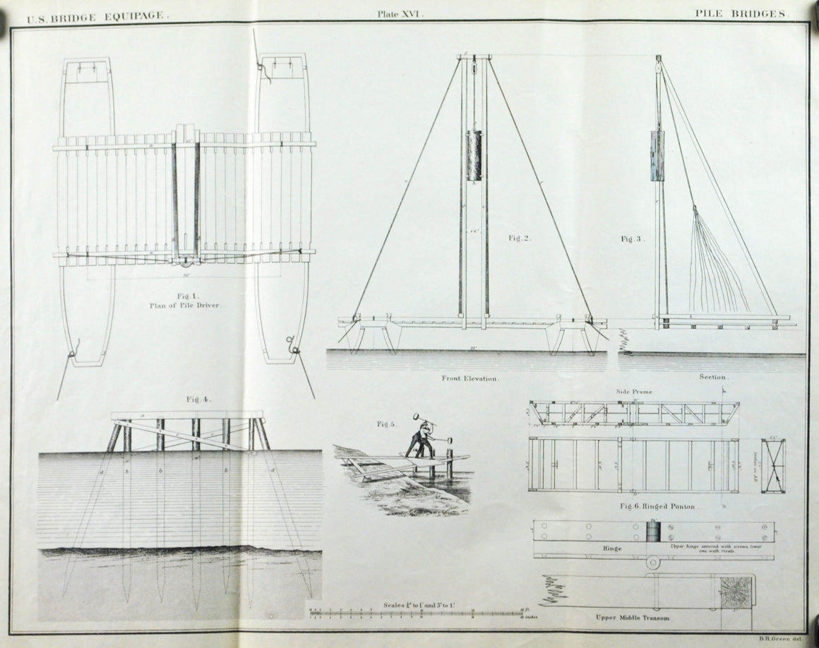 Pile Driver Bridge Building Engineering US Army Antique Print 1869