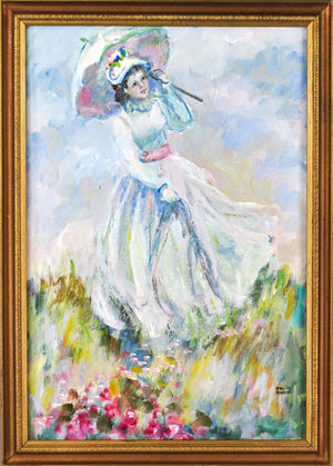 Mary Lou Manning Victorian Girl with Umbrella going over the meadow Oil on Board