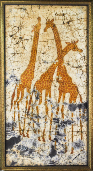 Vintage Batik Painting Three Happy Giraffes Picking Leaves from Trees Signed