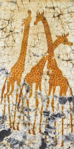 Vintage Batik Painting Three Happy Giraffes Picking Leaves from Trees Signed