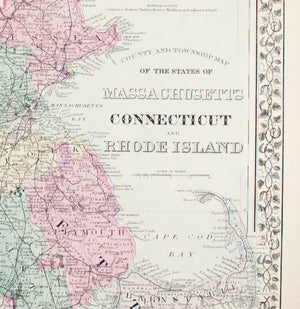 1881 Map of the States of Massachusetts, Connecticut and Rhode Island - S Mitchell Jr