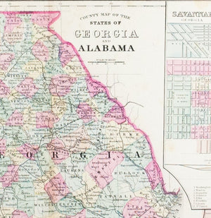 1881 County Map of Georgia and Alabama - S Mitchell Jr