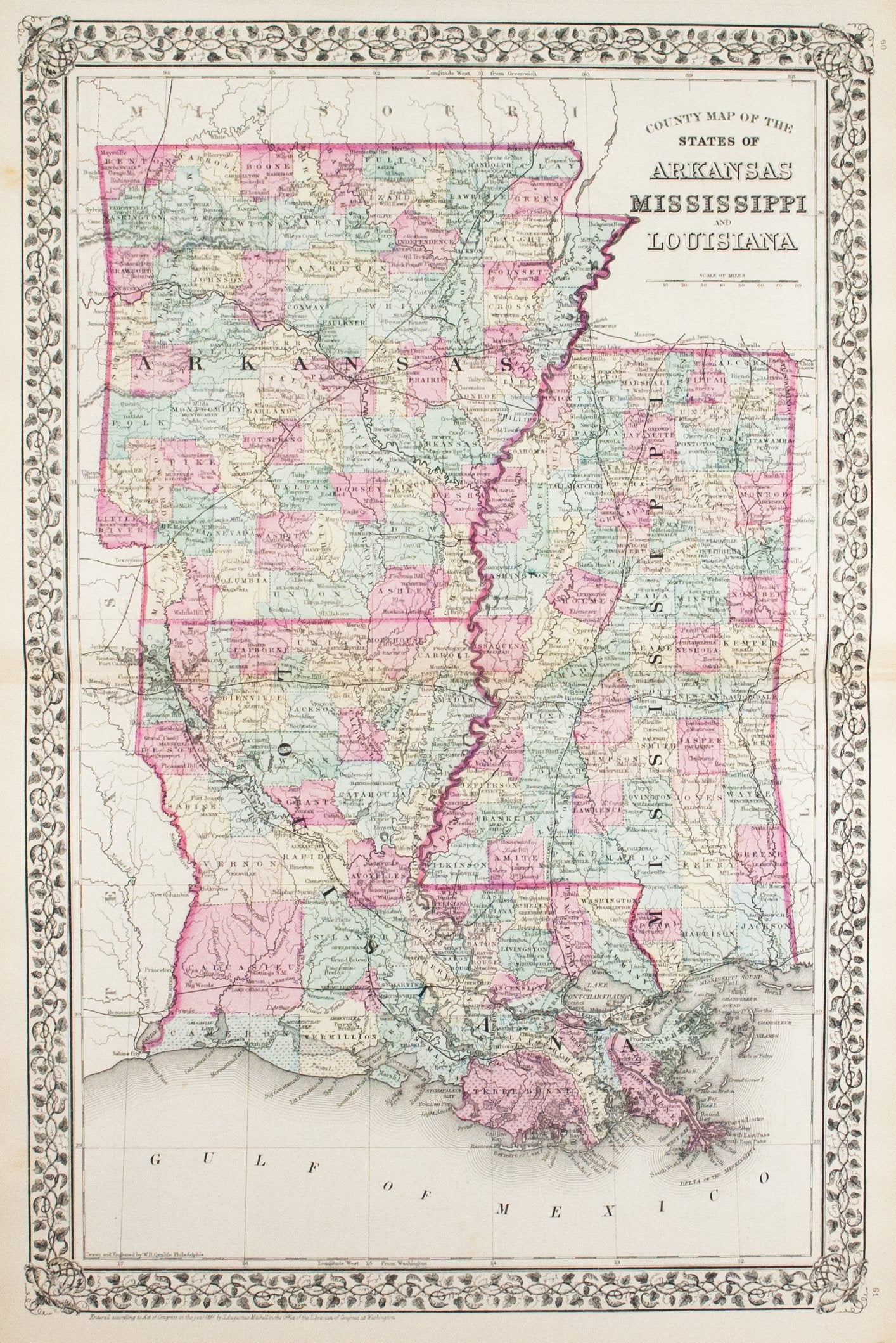 County Map of the States of Arkansas Mississippi and Louisiana
