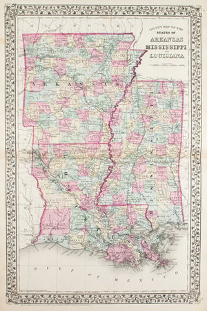 1881 County Map of the States of Arkansas, Mississippi and Louisiana - S Mitchell Jr