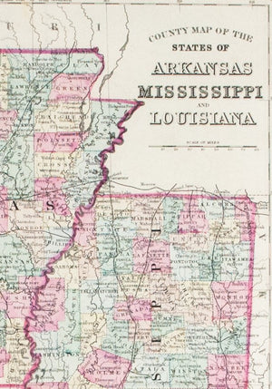 1881 County Map of the States of Arkansas, Mississippi and Louisiana - S Mitchell Jr