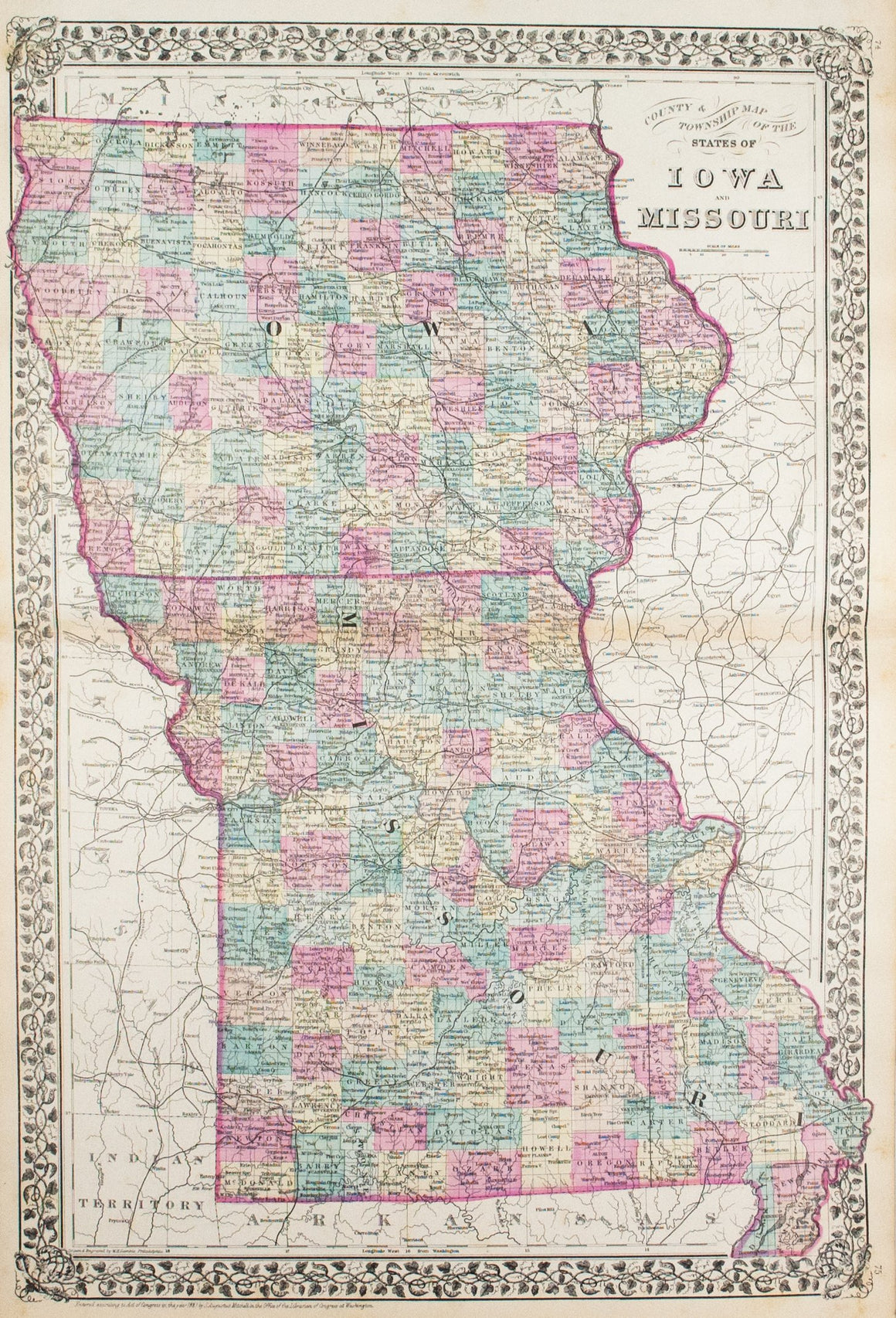 1881 County & Township Map of the States of Iowa and Missouri - S Mitchell Jr