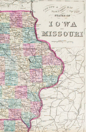 1881 County & Township Map of the States of Iowa and Missouri - S Mitchell Jr