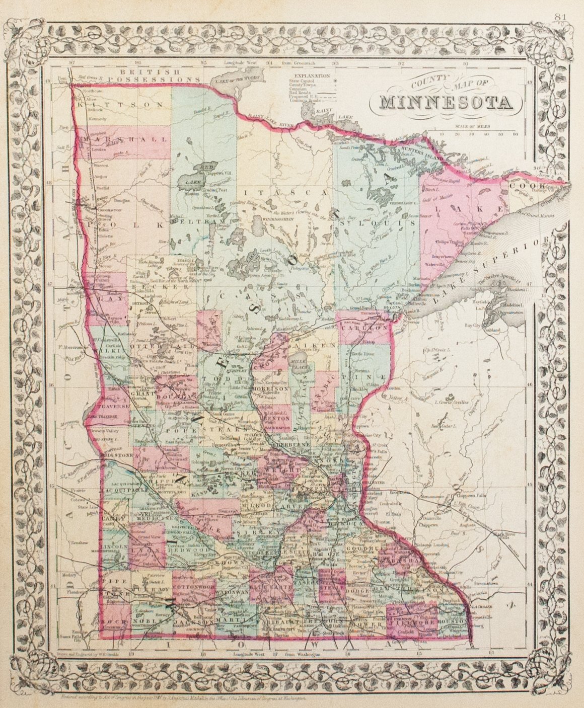 1881 County Map of the State of Minnesota - S Mitchell Jr