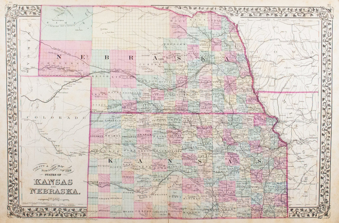 1881 County & Township Map of the States of Kansas and Nebraska - S Mitchell Jr