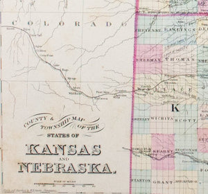 1881 County & Township Map of the States of Kansas and Nebraska - S Mitchell Jr