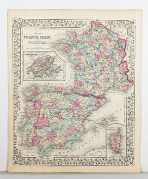 1881 Map of France, Spain and Portugal - S Mitchell Jr