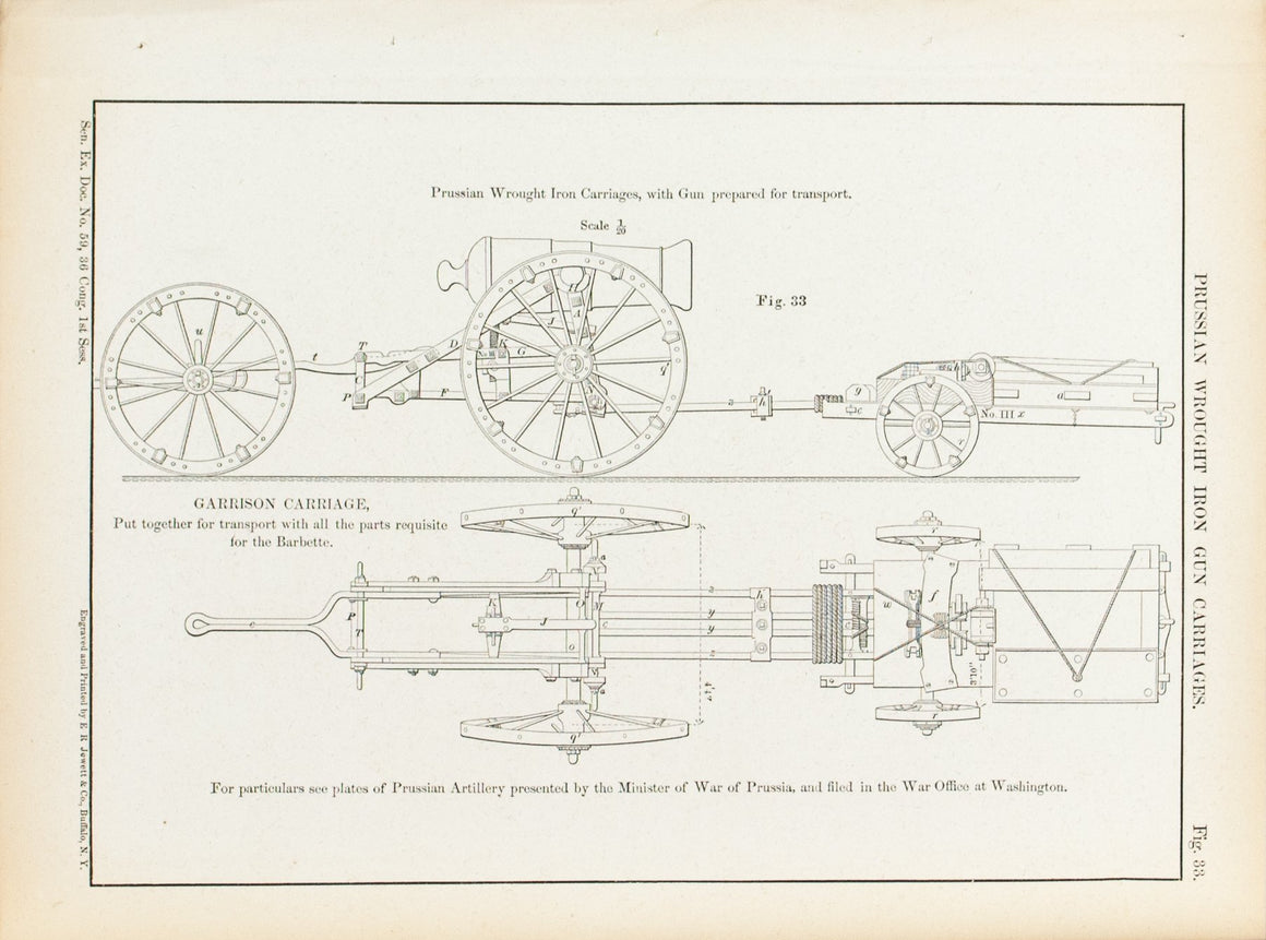 Prussian Wrought Iron Gun Carriages 1860 Antique Military Print