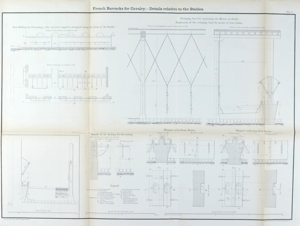 French Barracks for Cavalry Architectural Plan 1860 Print