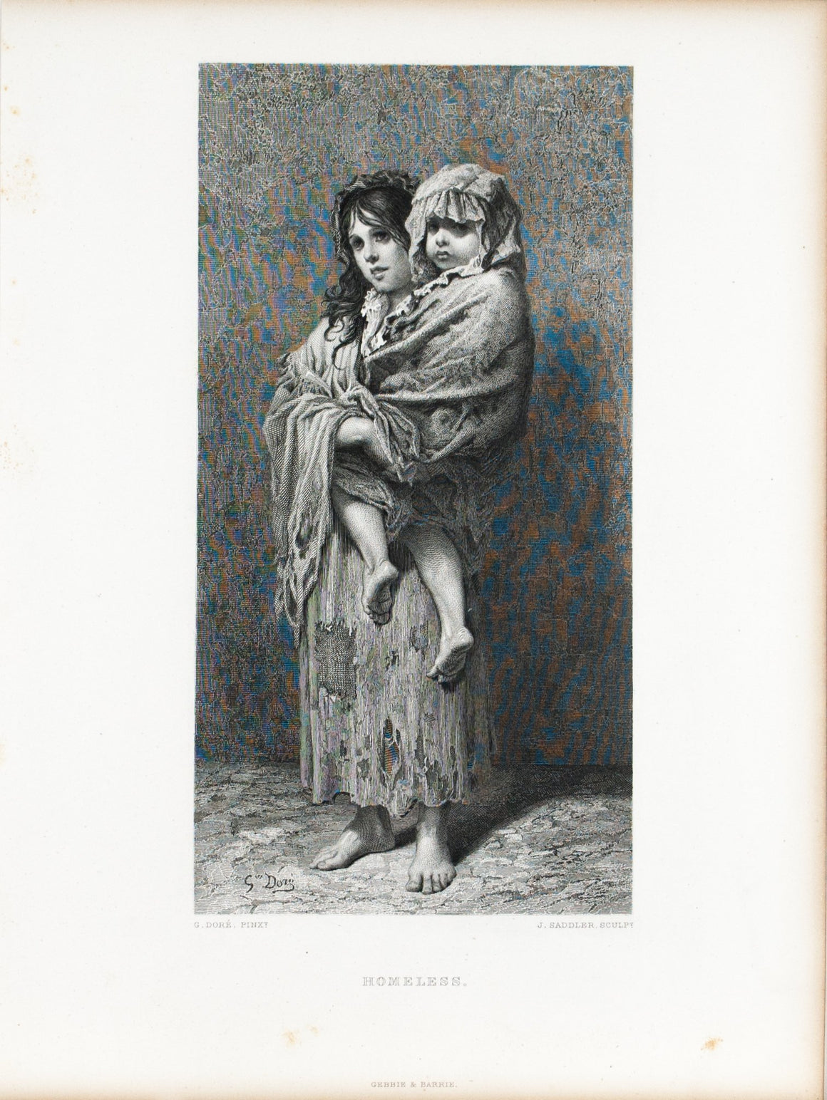 Homeless Poor French Children in Rags c. 1880 Engraved Print after Gustave Dore