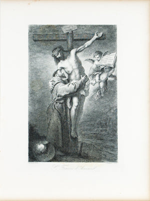 Saint Francis of Assisi Embracing Crucified Christ c. 1880 Engraved Art Print