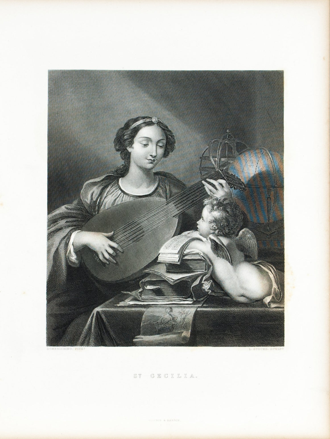 St. Cecilia Guitar and Child Angel c.1880 Engraved Art Print