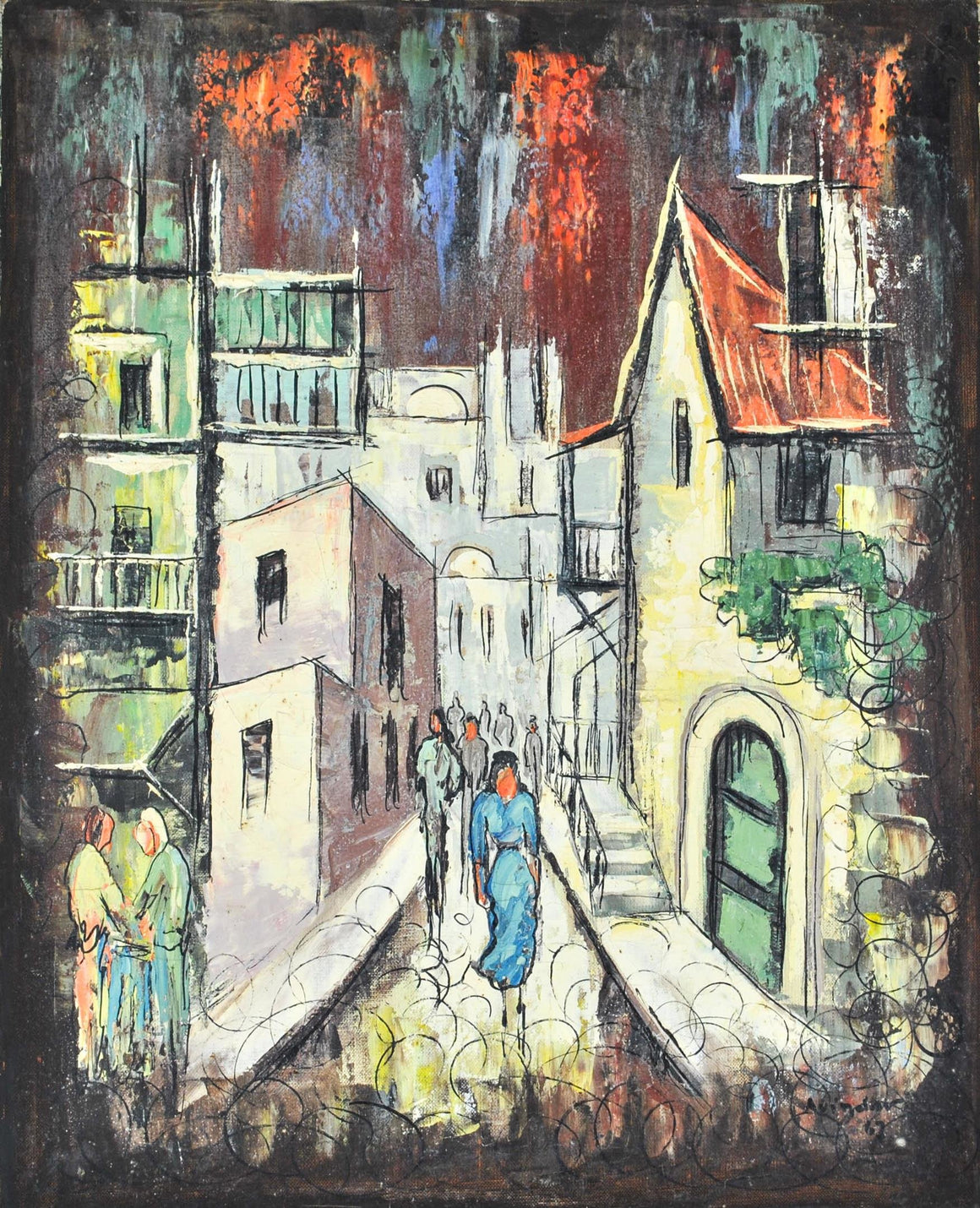 1967 Urban European Street Scene Vintage Impressionist Cityscape Oil Painting