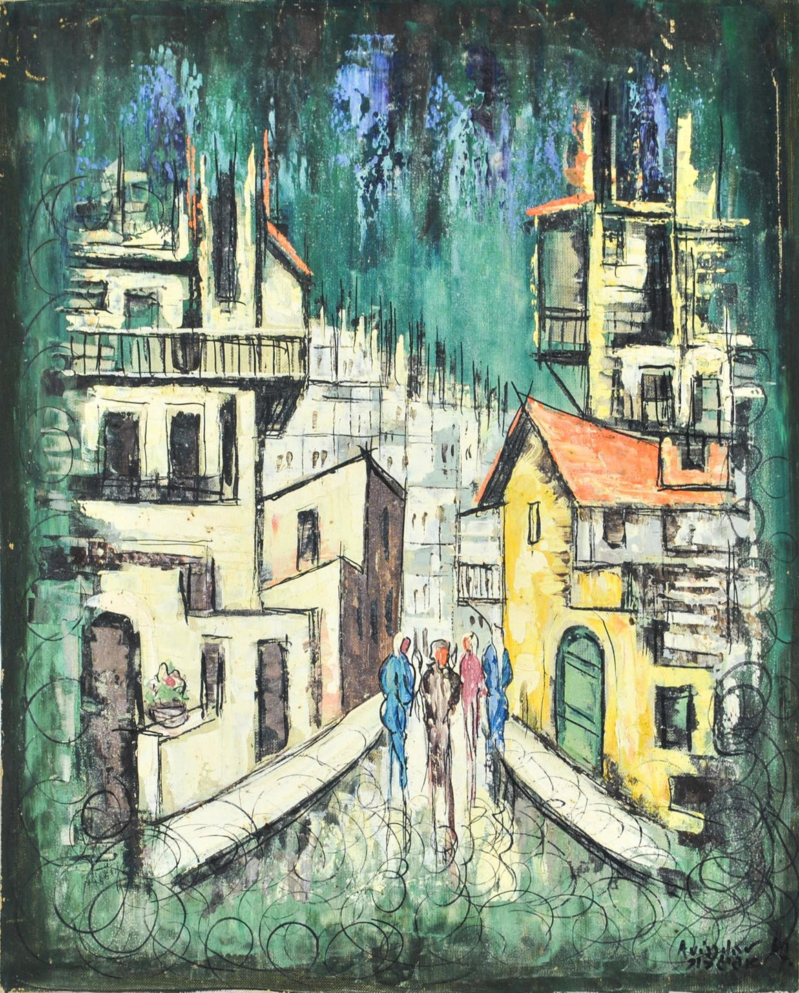 1967 Urban Street Scene Vintage Impressionist Cityscape Oil Painting