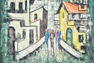 1967 Urban Street Scene Vintage Impressionist Cityscape Oil Painting