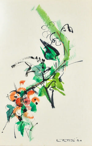 Tree Branch Abstract Watercolor Oriental Design Green and Orange