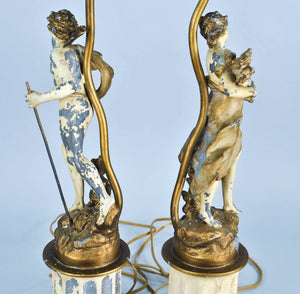 Pair Auguste Moreau French Spelter Figural Cherub Art Nouveau Lamps