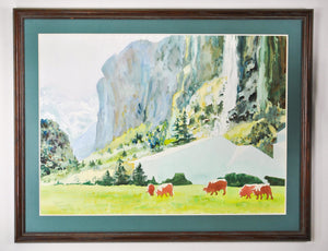 Circa 1980’s Mountain Landscape with Cows Watercolor by Carol Pursell Baliles