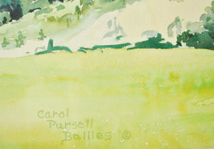 Circa 1980’s Mountain Landscape with Cows Watercolor by Carol Pursell Baliles